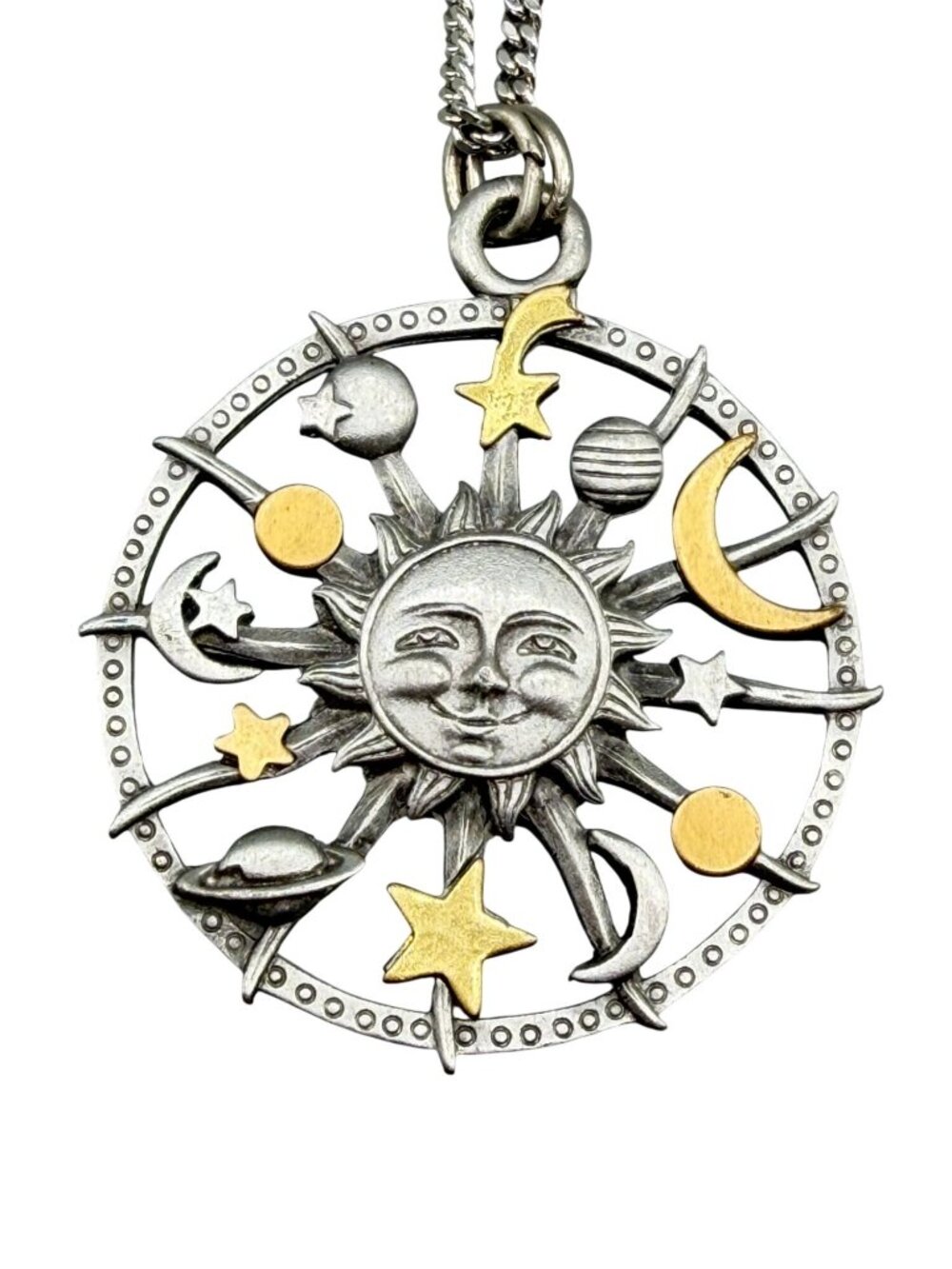 Vintage JJ Celestial Necklace Sun Moon And Stars Jonette Jewelry Pewter Gold Acc